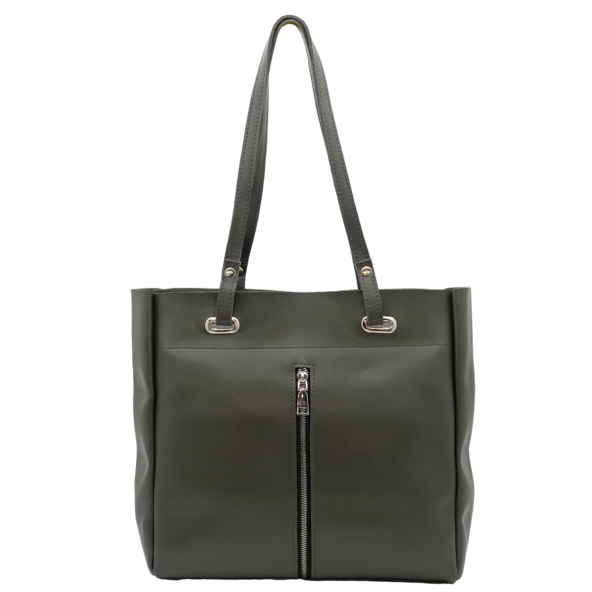Irina gray vegan leather tote bag with decorative front zipper
